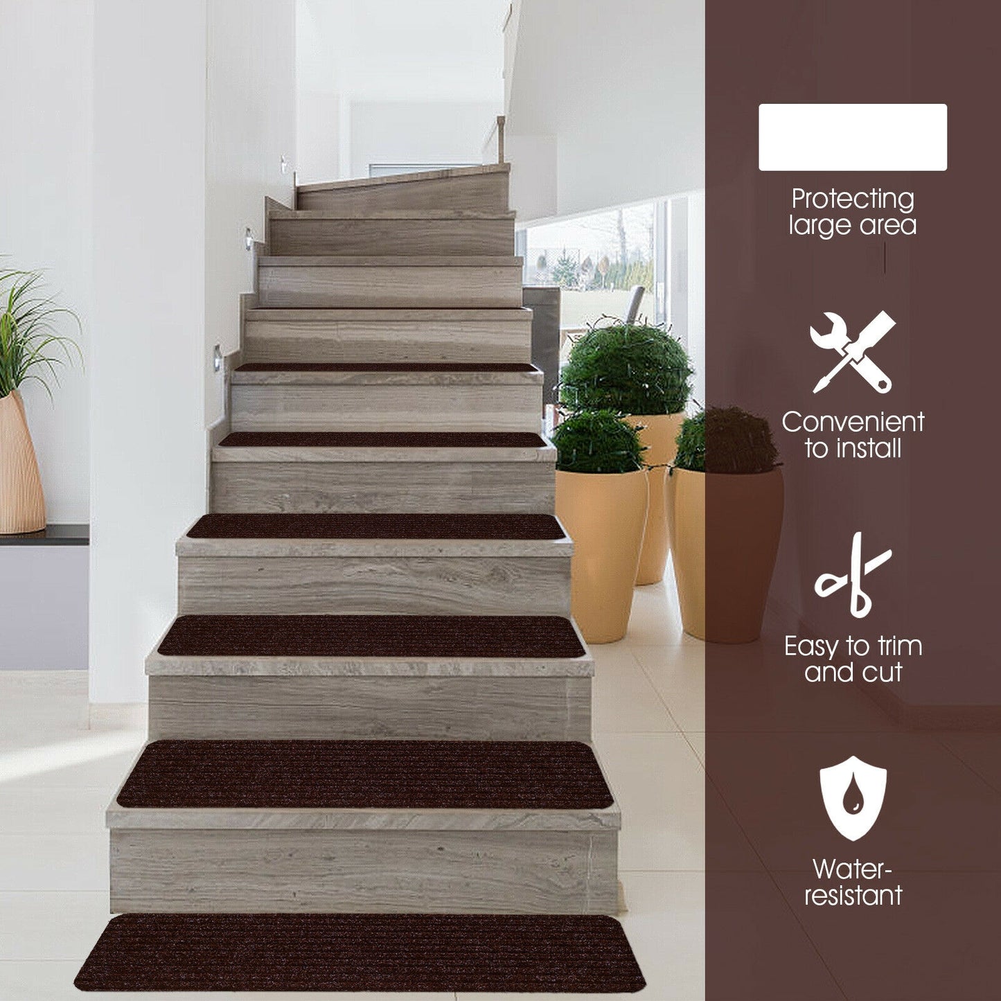 15 Pcs 30 x 8 Inch Slip-Resistant Stair Treads in Brown – Soft and Durable Carpet Mats