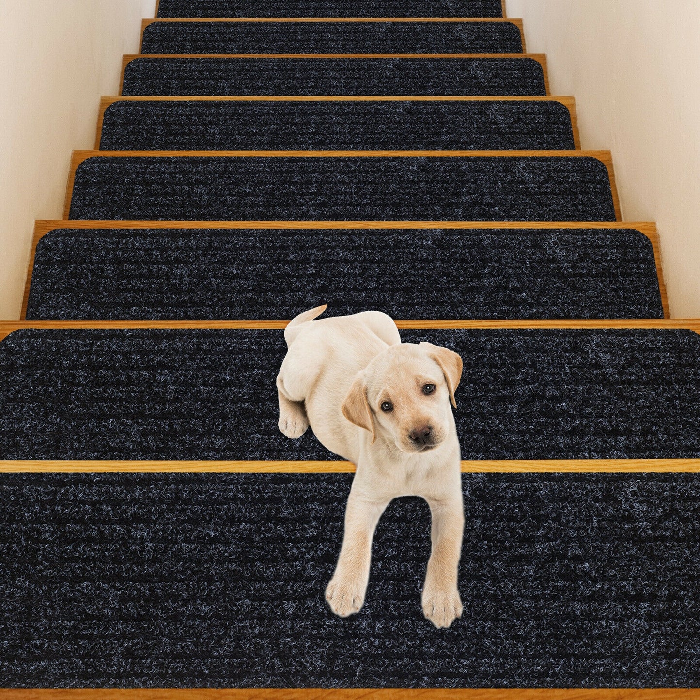 15 Pcs 30 x 8 Inch Slip-Resistant Stair Treads in Black – Soft and Durable Carpet Mats