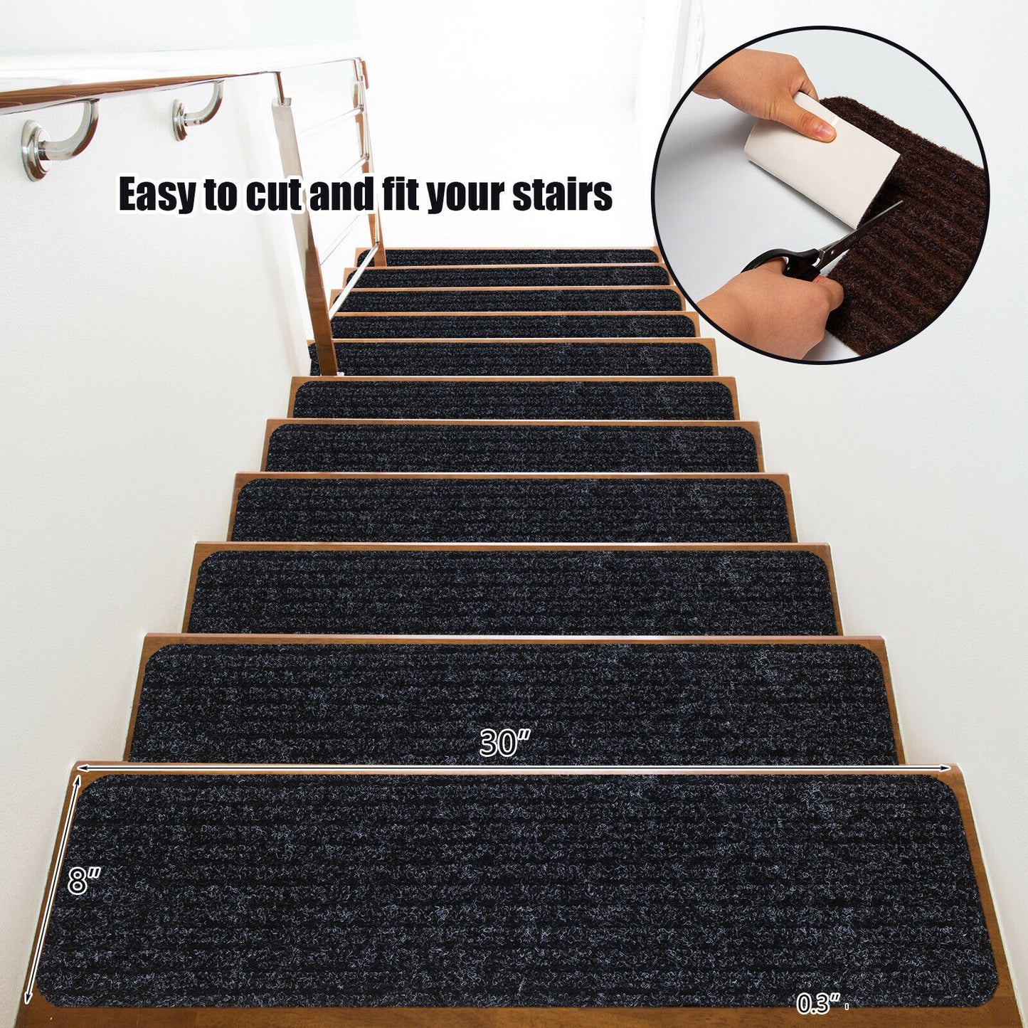 15 Pcs 30 x 8 Inch Slip-Resistant Stair Treads in Black – Soft and Durable Carpet Mats