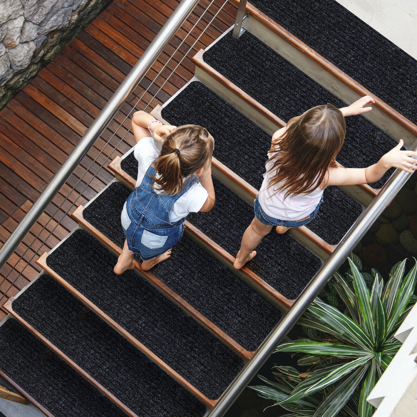 15 Pcs 30 x 8 Inch Slip-Resistant Stair Treads in Black – Soft and Durable Carpet Mats