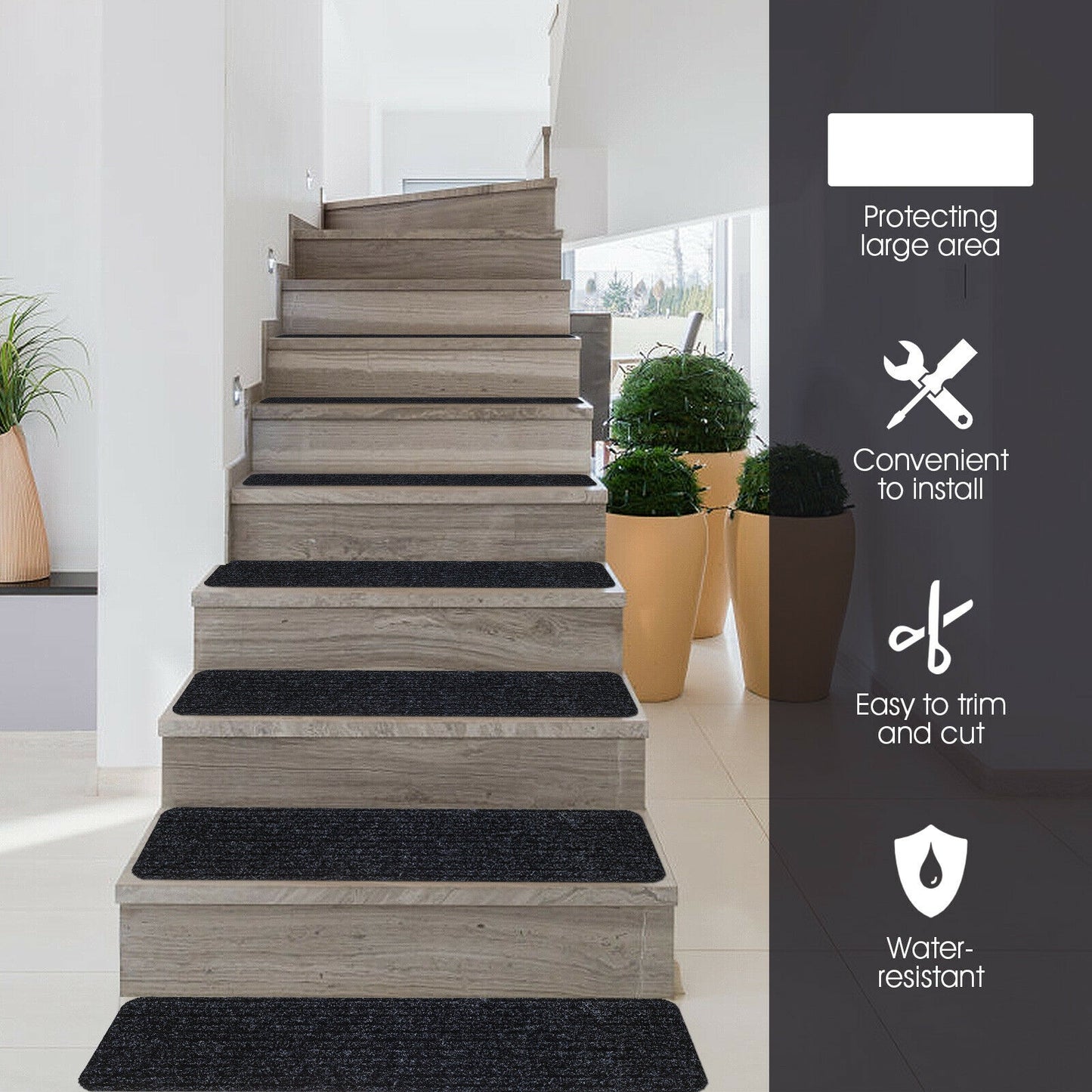 15 Pcs 30 x 8 Inch Slip-Resistant Stair Treads in Black – Soft and Durable Carpet Mats