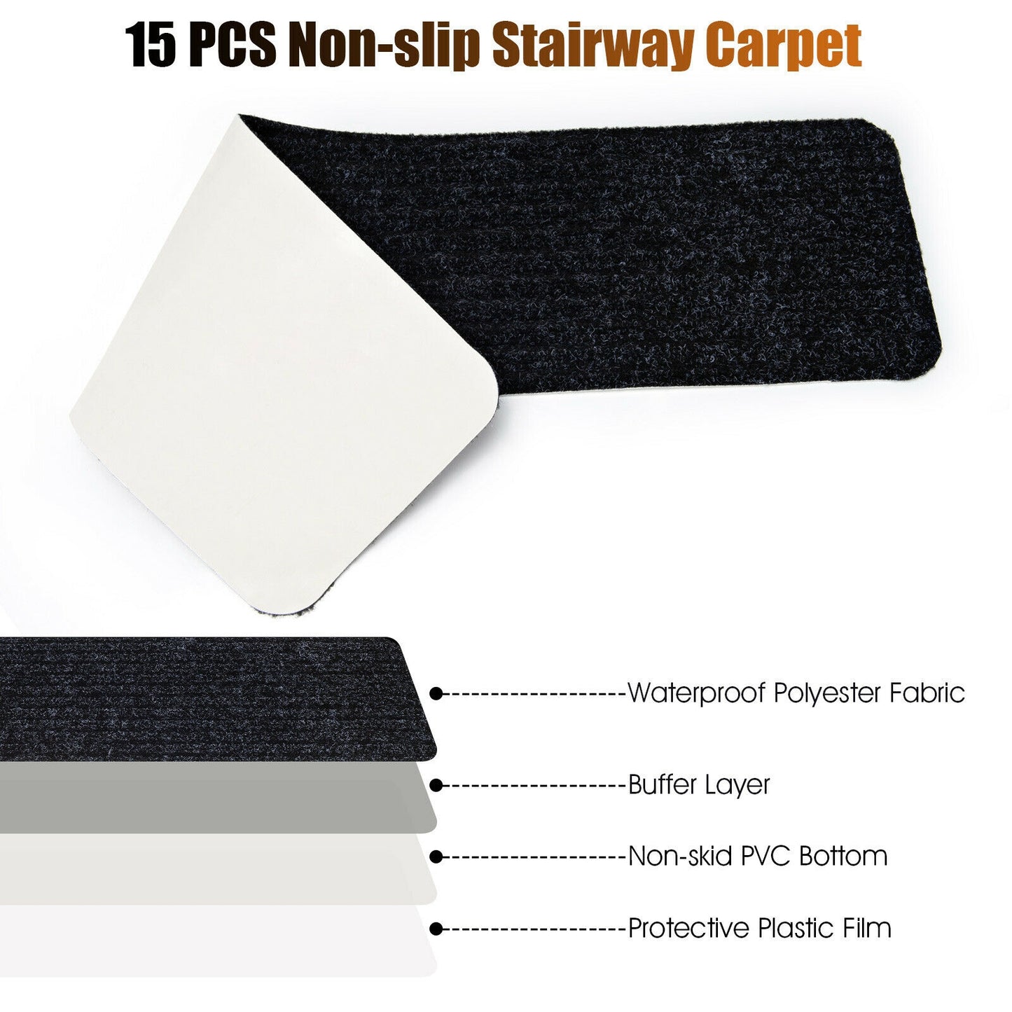 15 Pcs 30 x 8 Inch Slip-Resistant Stair Treads in Black – Soft and Durable Carpet Mats