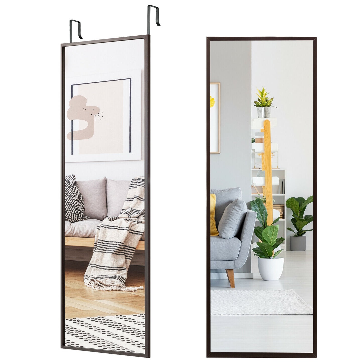 42.5 Inch Full Length Metal Mirror with Adjustable Hooks for Wall or Door Mounting - Brown