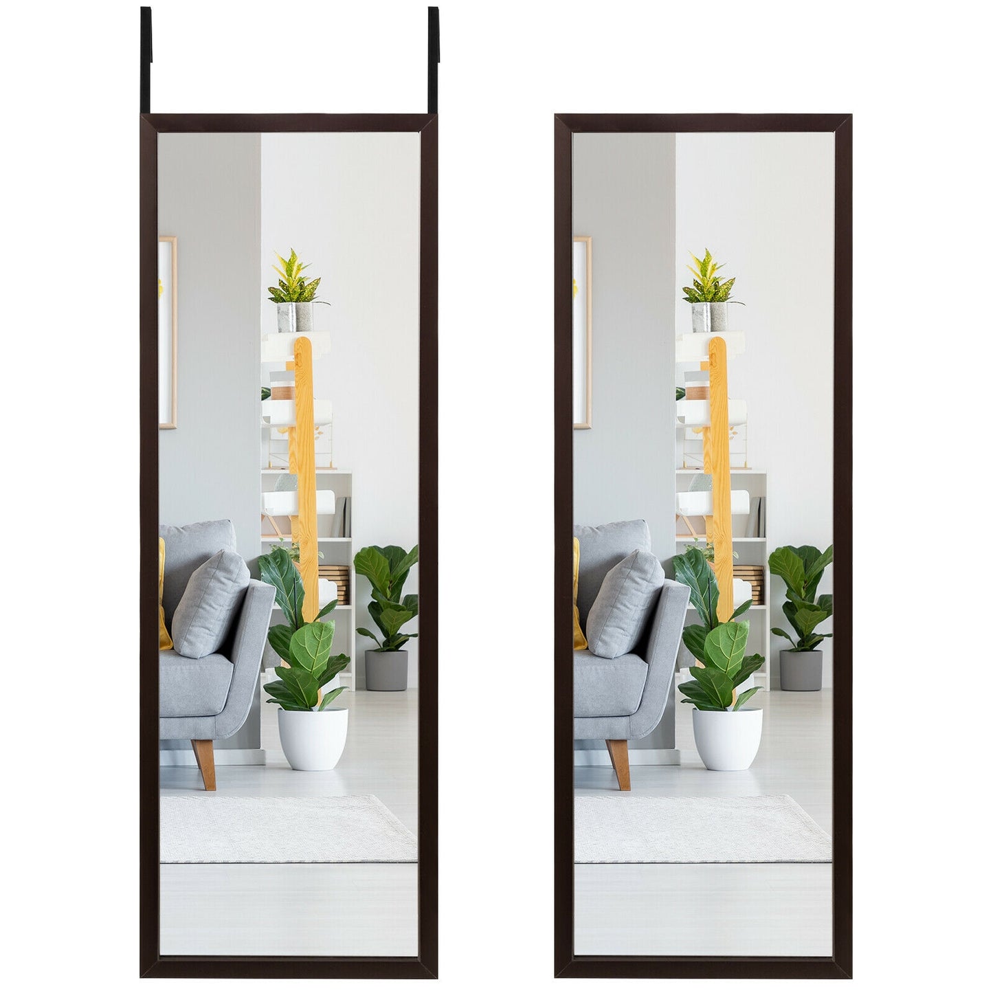42.5 Inch Full Length Metal Mirror with Adjustable Hooks for Wall or Door Mounting - Brown