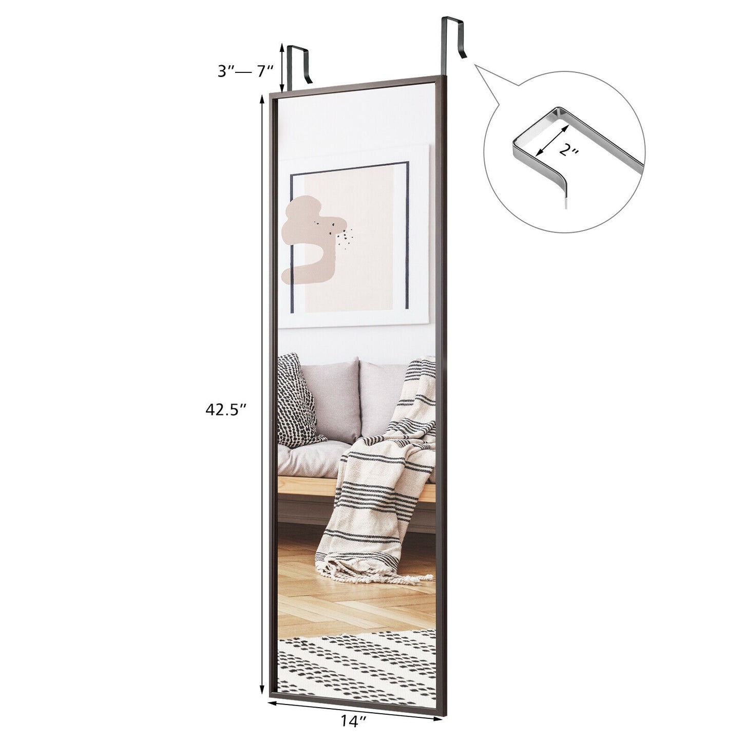 42.5 Inch Full Length Metal Mirror with Adjustable Hooks for Wall or Door Mounting - Brown