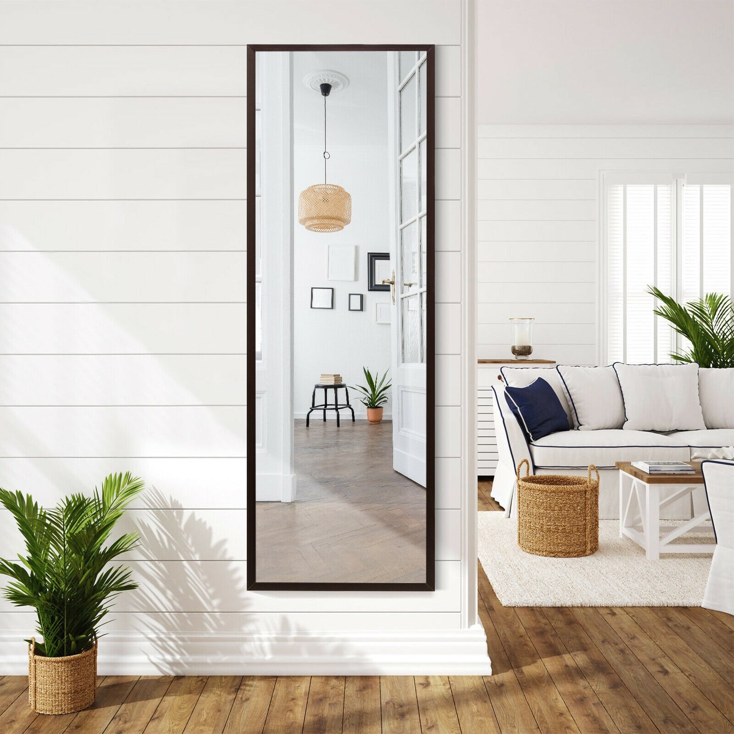 42.5 Inch Full Length Metal Mirror with Adjustable Hooks for Wall or Door Mounting - Brown
