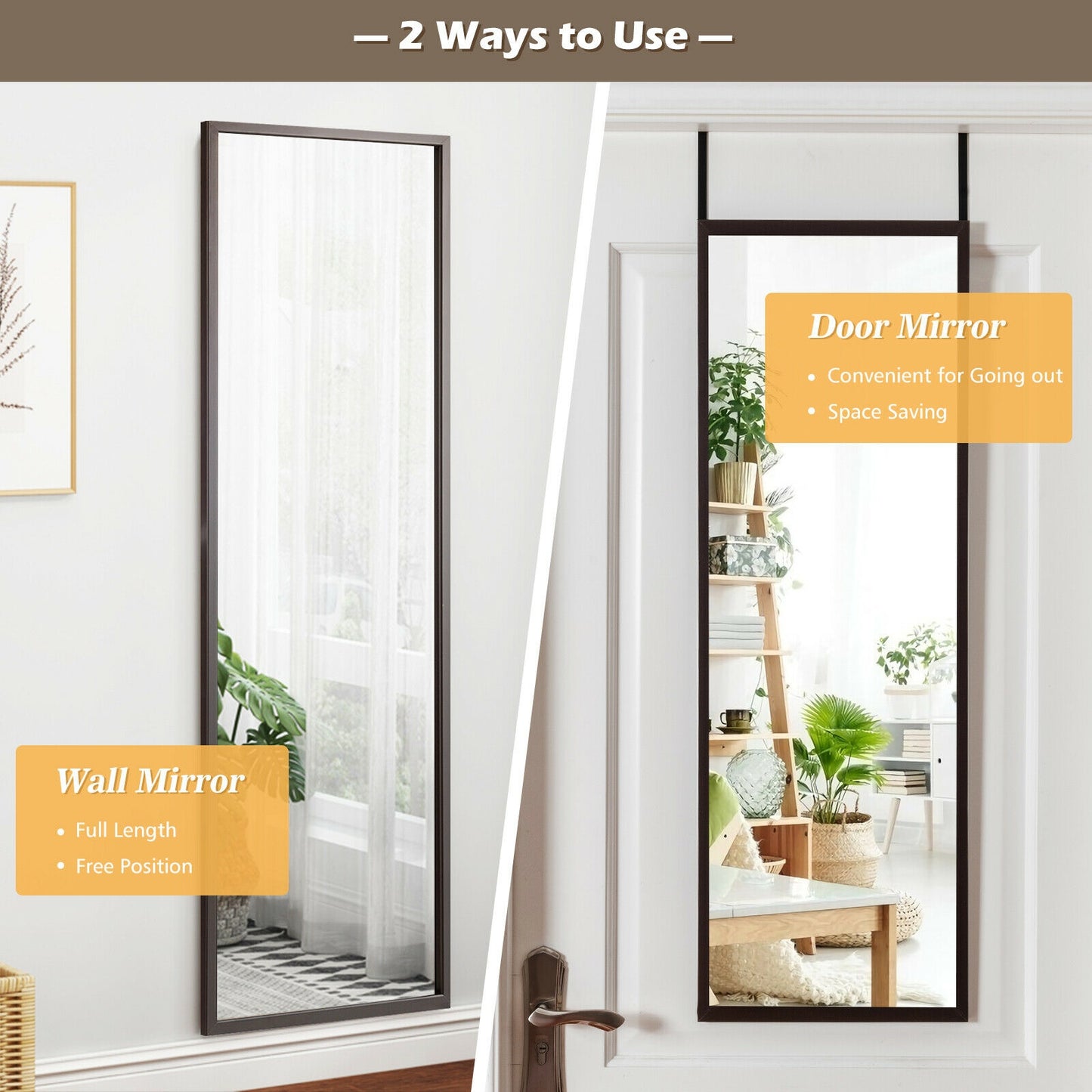 42.5 Inch Full Length Metal Mirror with Adjustable Hooks for Wall or Door Mounting - Brown