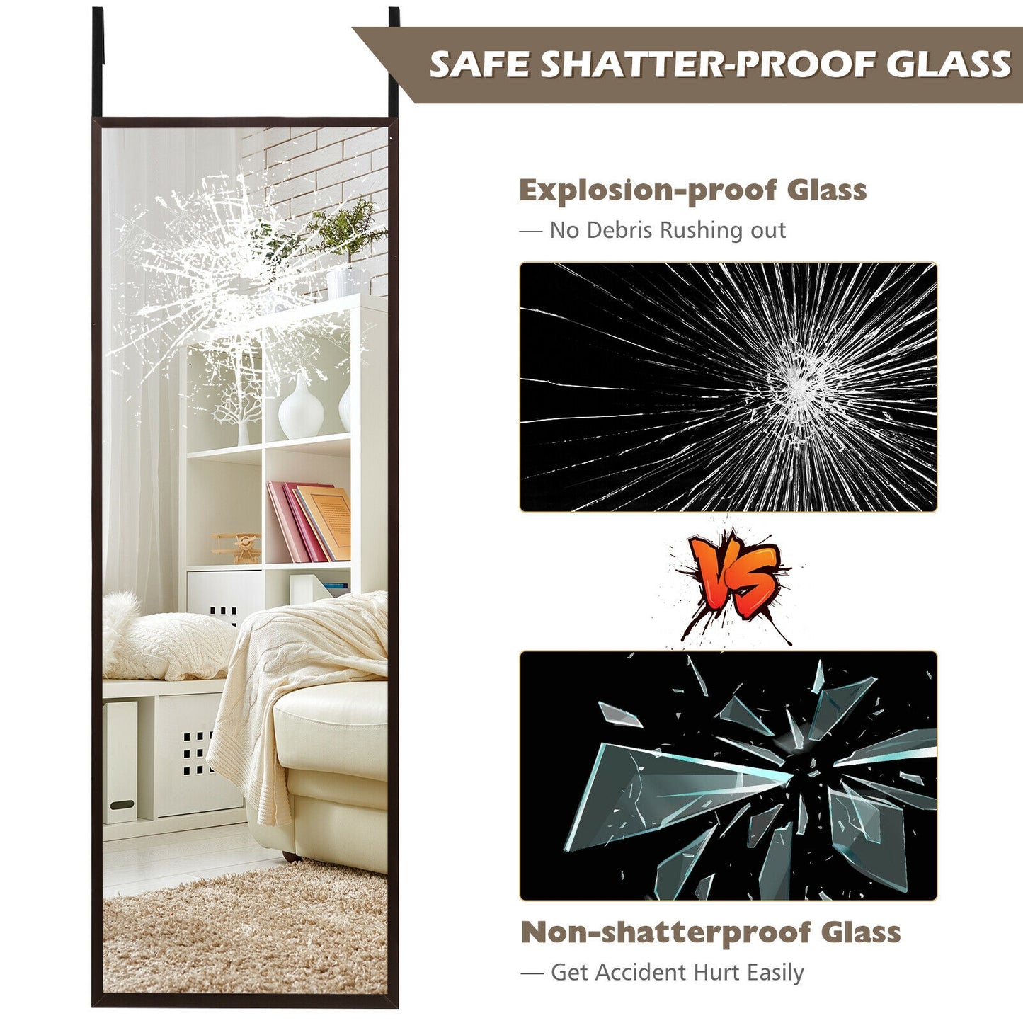 42.5 Inch Full Length Metal Mirror with Adjustable Hooks for Wall or Door Mounting - Brown