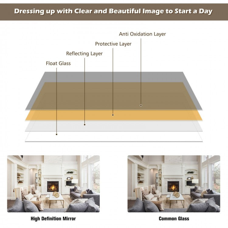42.5 Inch Full Length Metal Mirror with Adjustable Hooks for Wall or Door Mounting - Brown