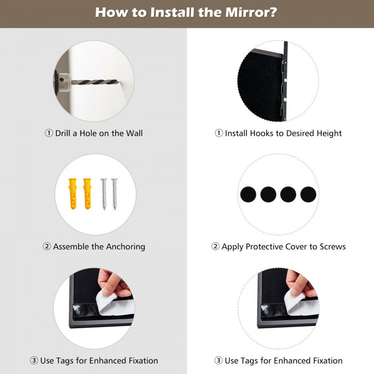 42.5 Inch Full Length Metal Mirror with Adjustable Hooks for Wall or Door Mounting - Brown
