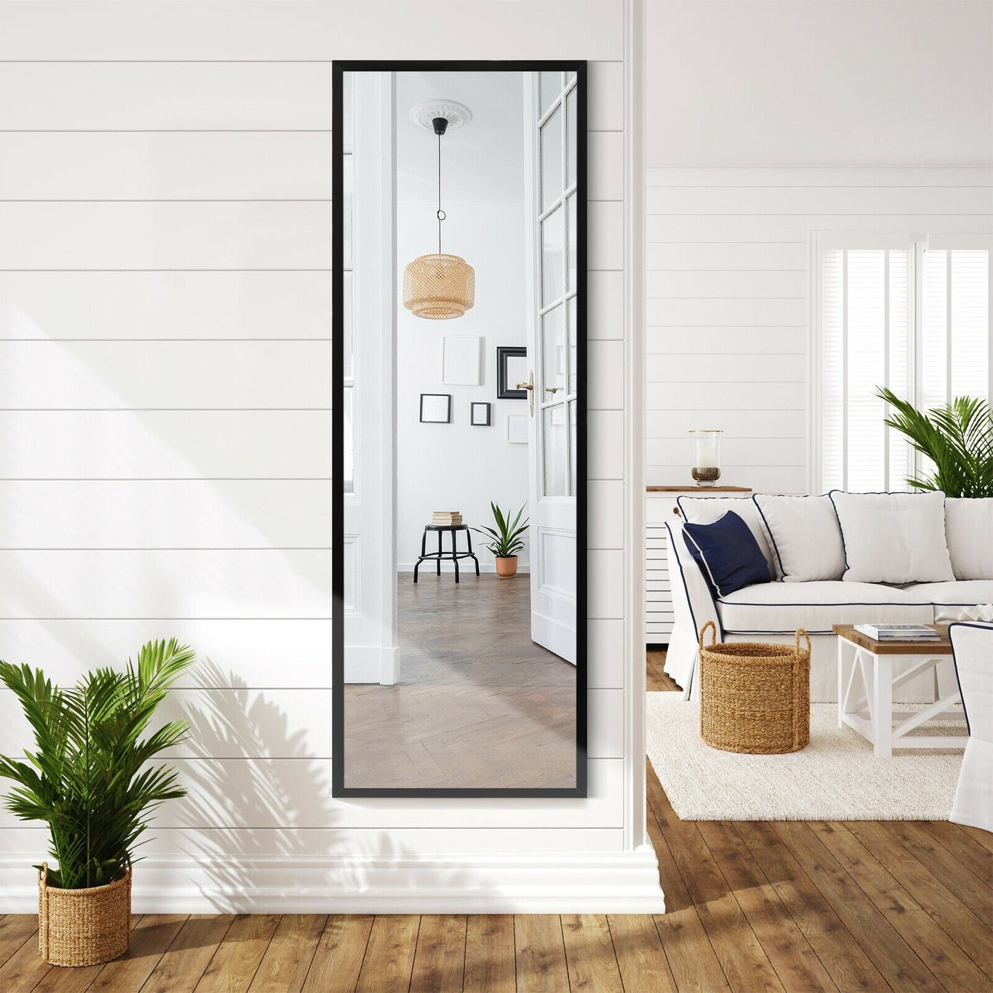 42.5 Inch Full Length Metal Mirror with Adjustable Hooks for Wall or Door Mounting - Black