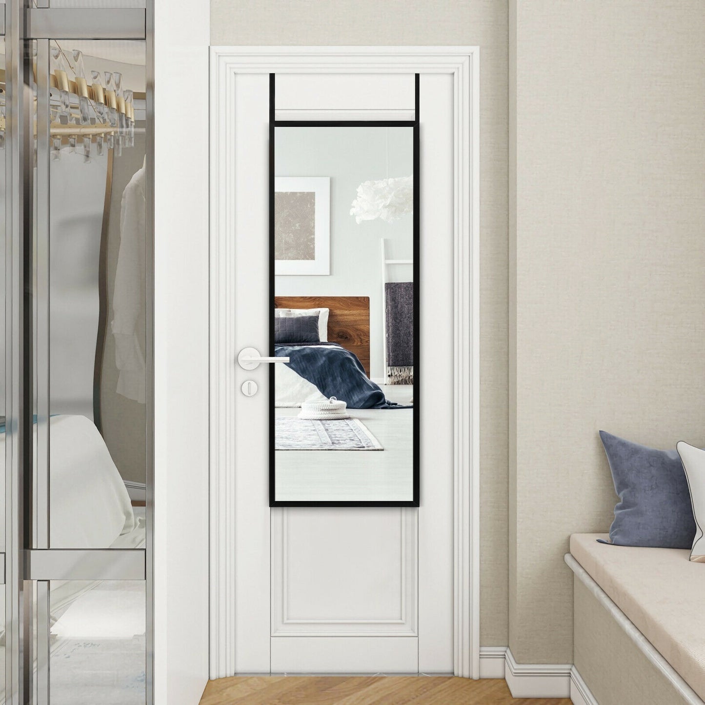 42.5 Inch Full Length Metal Mirror with Adjustable Hooks for Wall or Door Mounting - Black