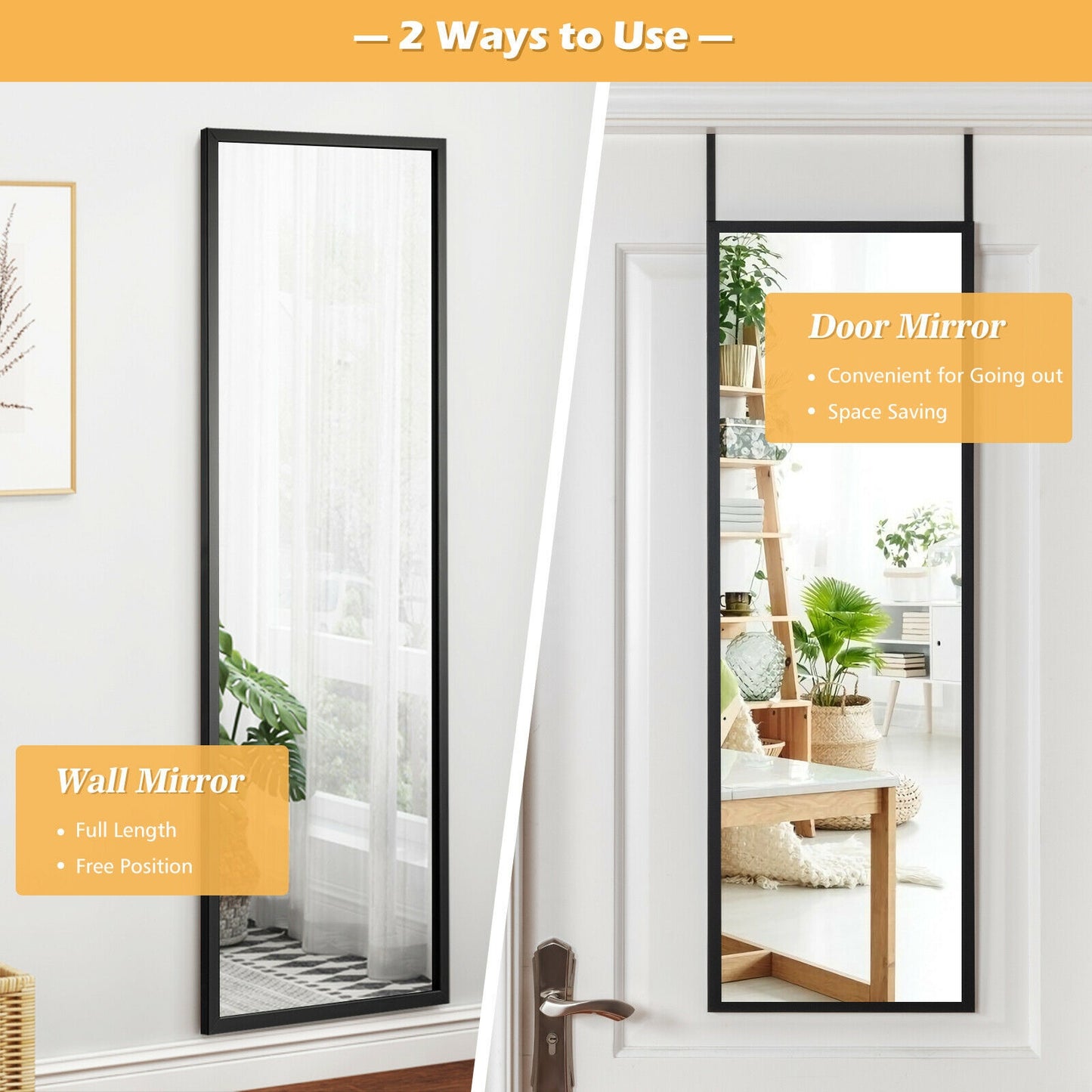 42.5 Inch Full Length Metal Mirror with Adjustable Hooks for Wall or Door Mounting - Black