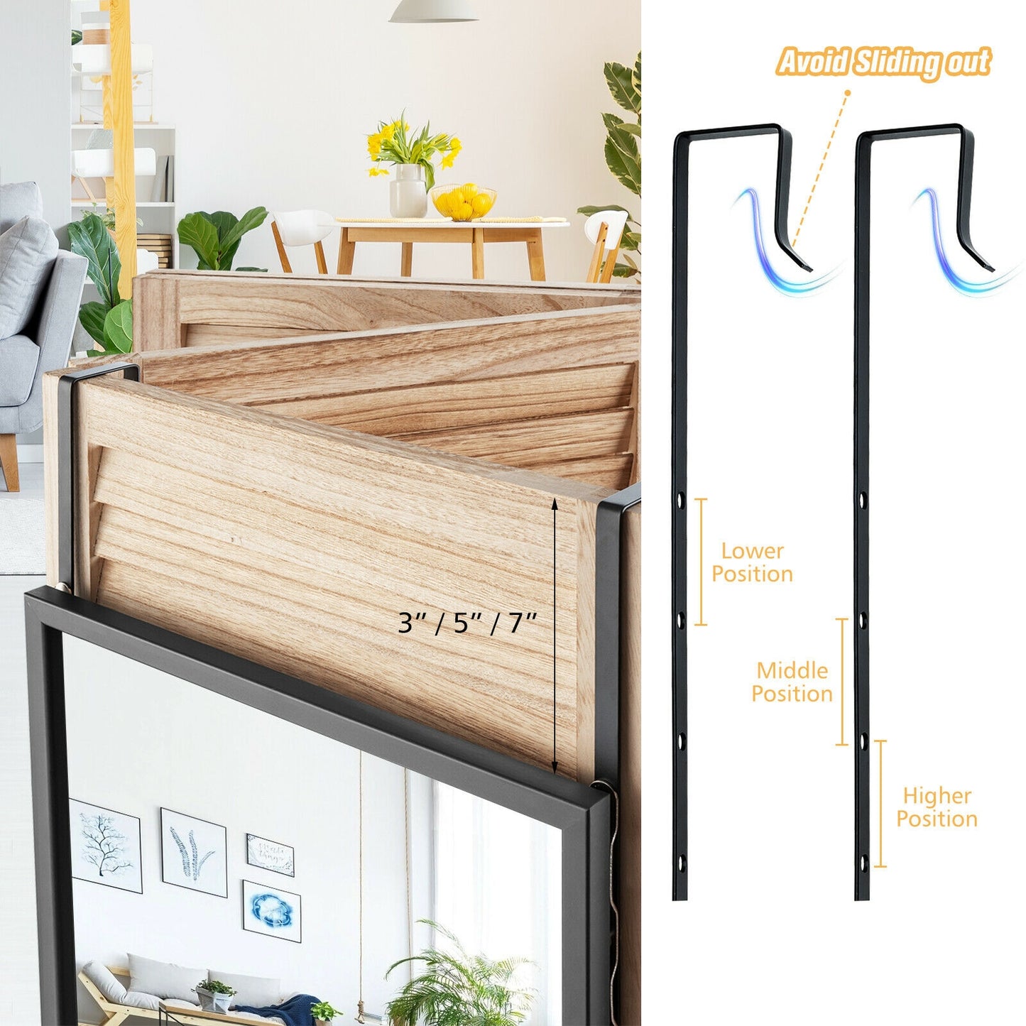 42.5 Inch Full Length Metal Mirror with Adjustable Hooks for Wall or Door Mounting - Black