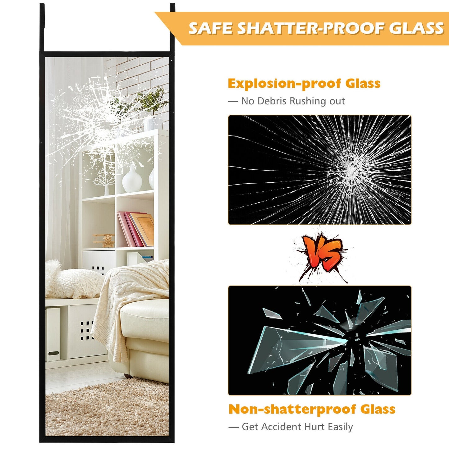 42.5 Inch Full Length Metal Mirror with Adjustable Hooks for Wall or Door Mounting - Black