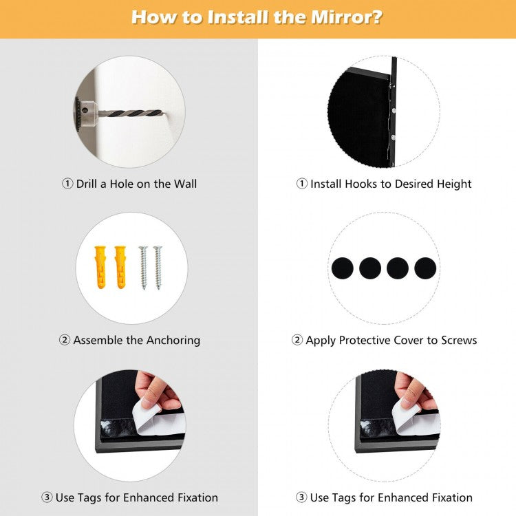 42.5 Inch Full Length Metal Mirror with Adjustable Hooks for Wall or Door Mounting - Black