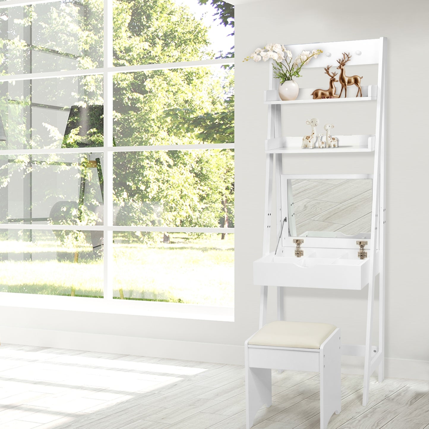 3-in-1 Modern Vanity Set with Flip Top Mirror, 6 Makeup Organizers, and Storage Shelf