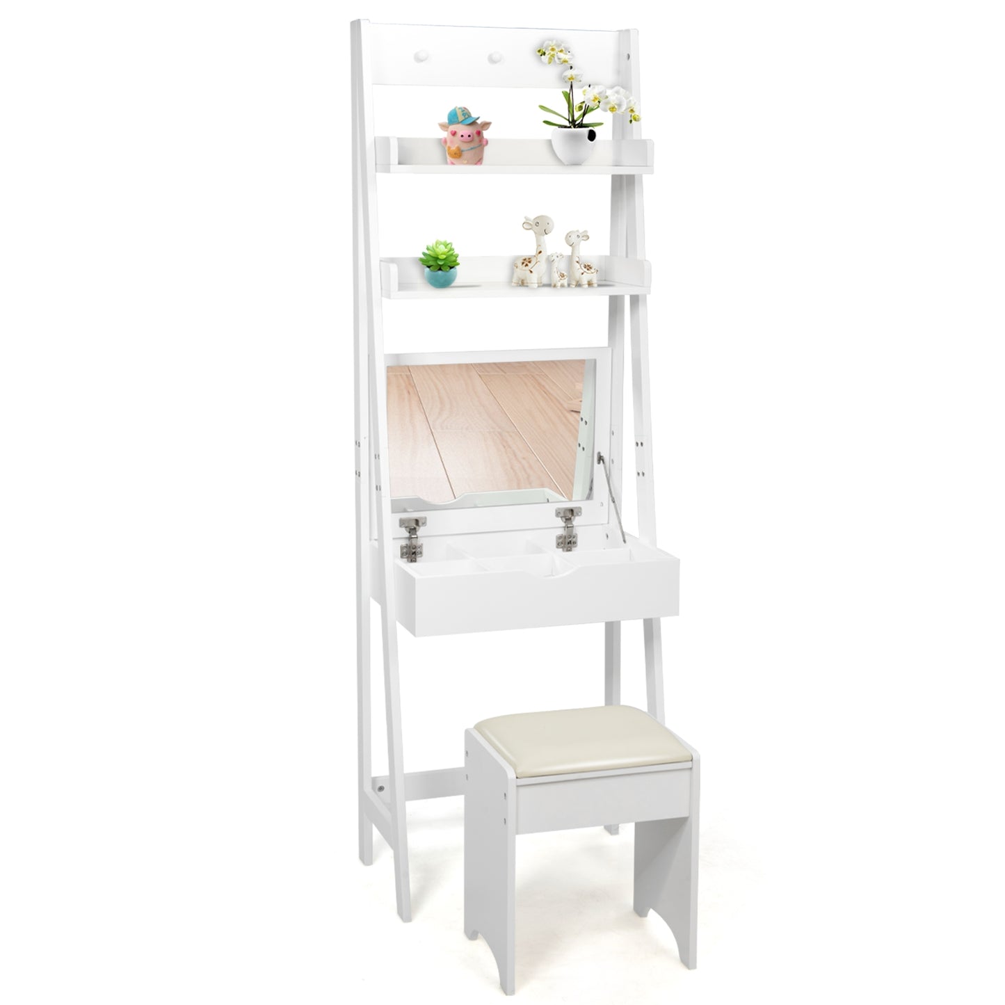 3-in-1 Modern Vanity Set with Flip Top Mirror, 6 Makeup Organizers, and Storage Shelf