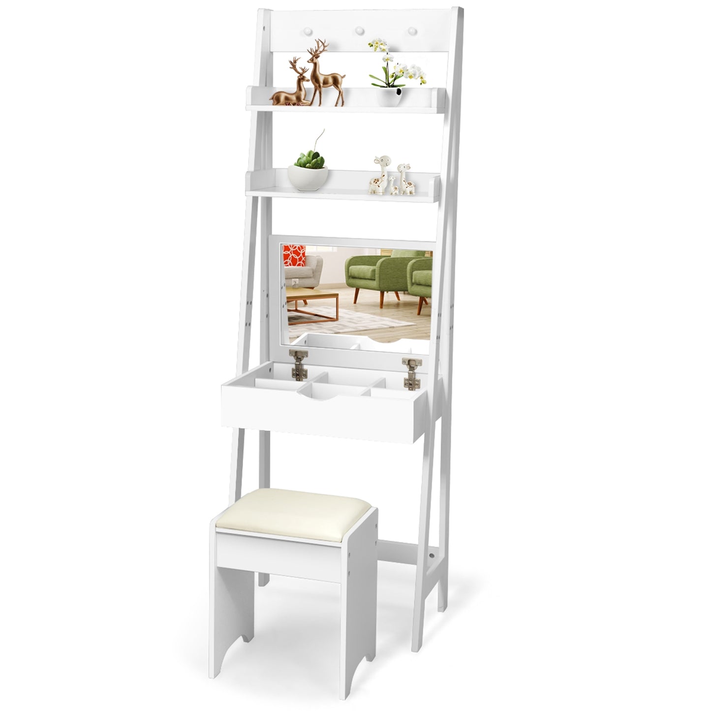 3-in-1 Modern Vanity Set with Flip Top Mirror, 6 Makeup Organizers, and Storage Shelf