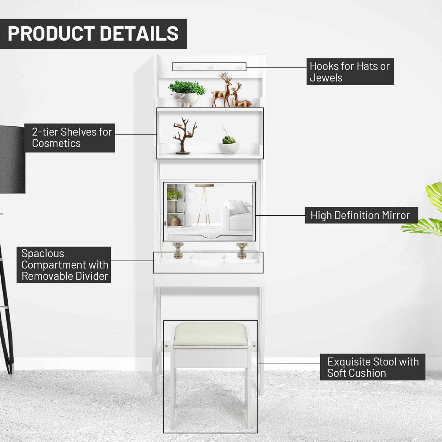 3-in-1 Modern Vanity Set with Flip Top Mirror, 6 Makeup Organizers, and Storage Shelf