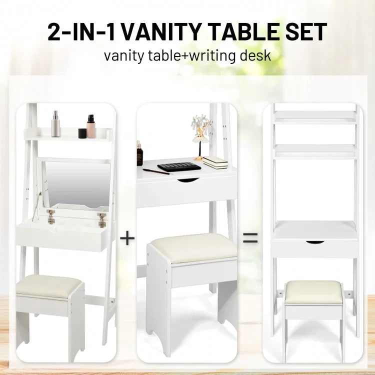 3-in-1 Modern Vanity Set with Flip Top Mirror, 6 Makeup Organizers, and Storage Shelf