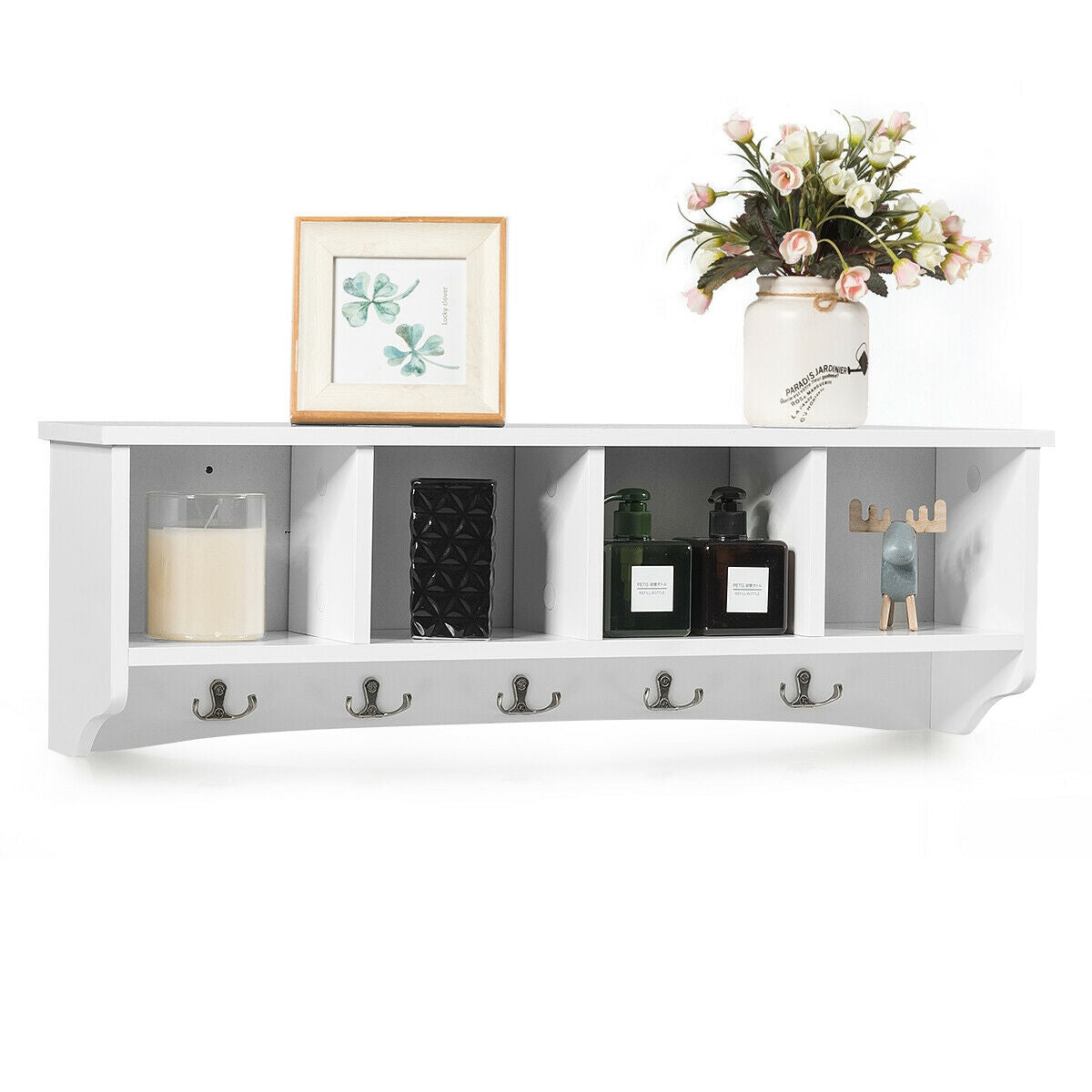 Wall Mounted Entryway Shelf with Hooks and Storage Compartments – White