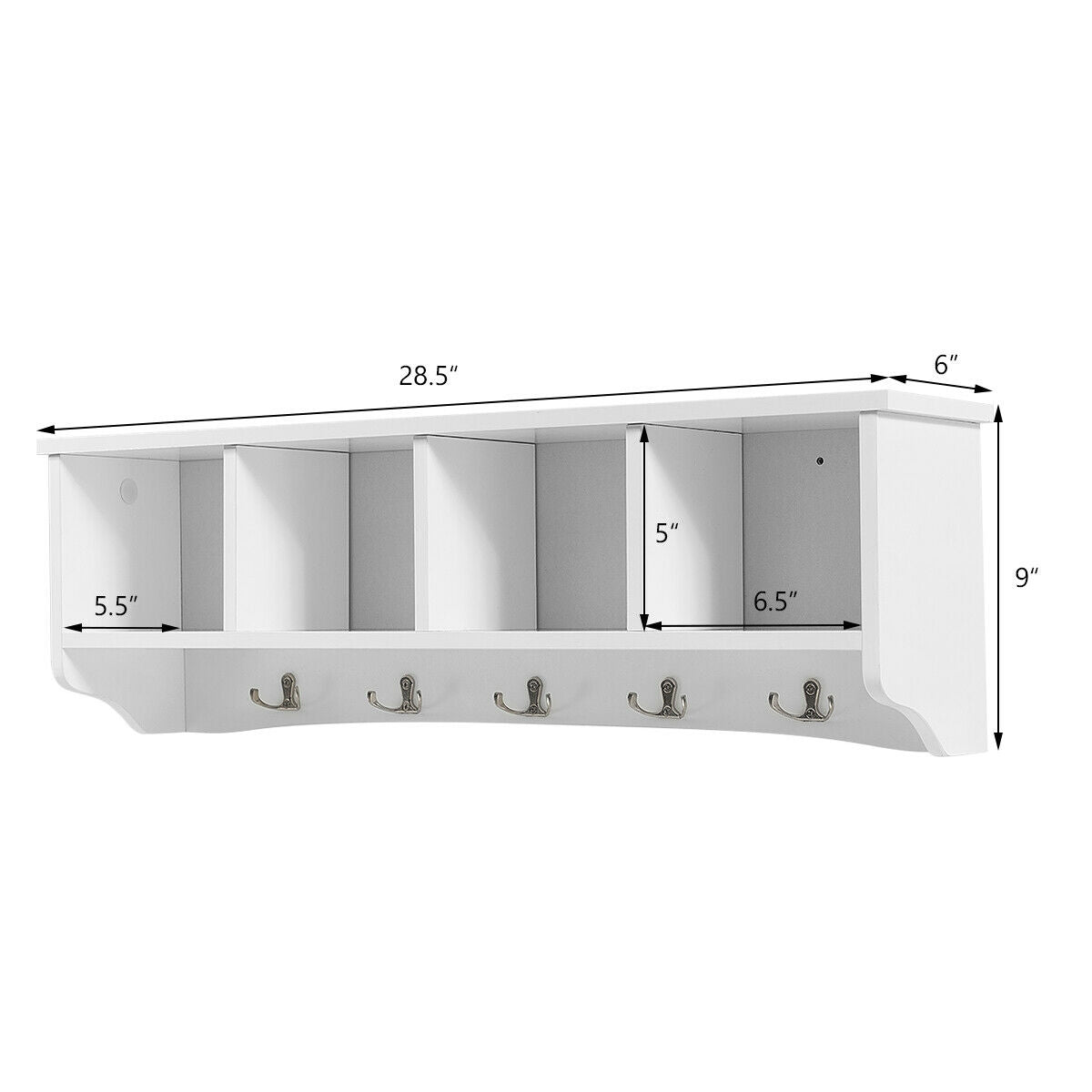Wall Mounted Entryway Shelf with Hooks and Storage Compartments – White