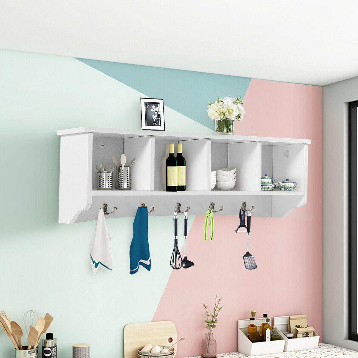 Wall Mounted Entryway Shelf with Hooks and Storage Compartments – White