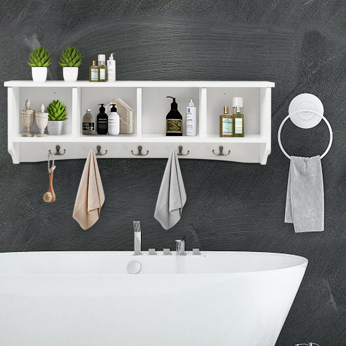 Wall Mounted Entryway Shelf with Hooks and Storage Compartments – White