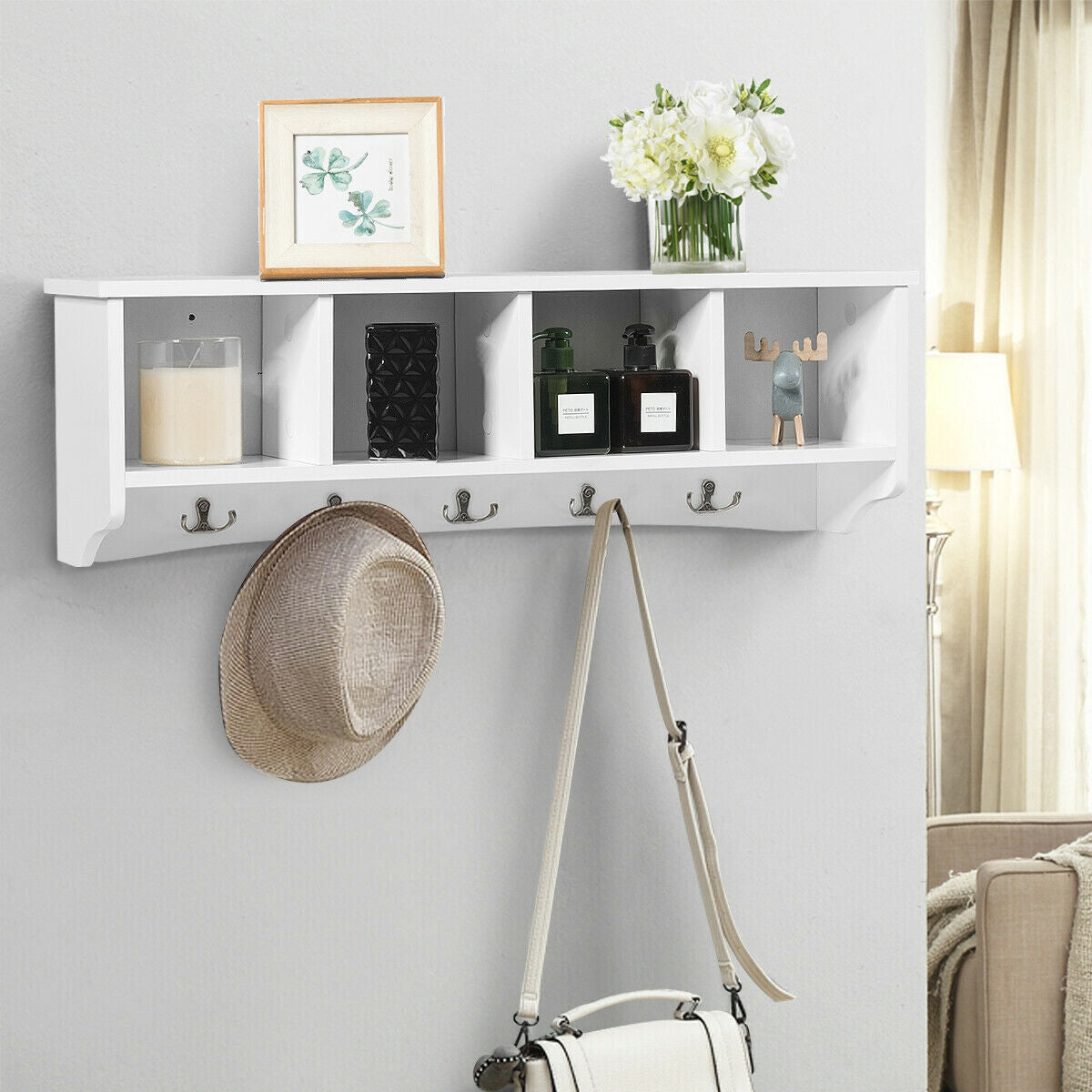 Wall Mounted Entryway Shelf with Hooks and Storage Compartments – White