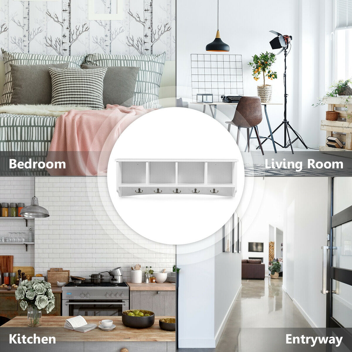 Wall Mounted Entryway Shelf with Hooks and Storage Compartments – White