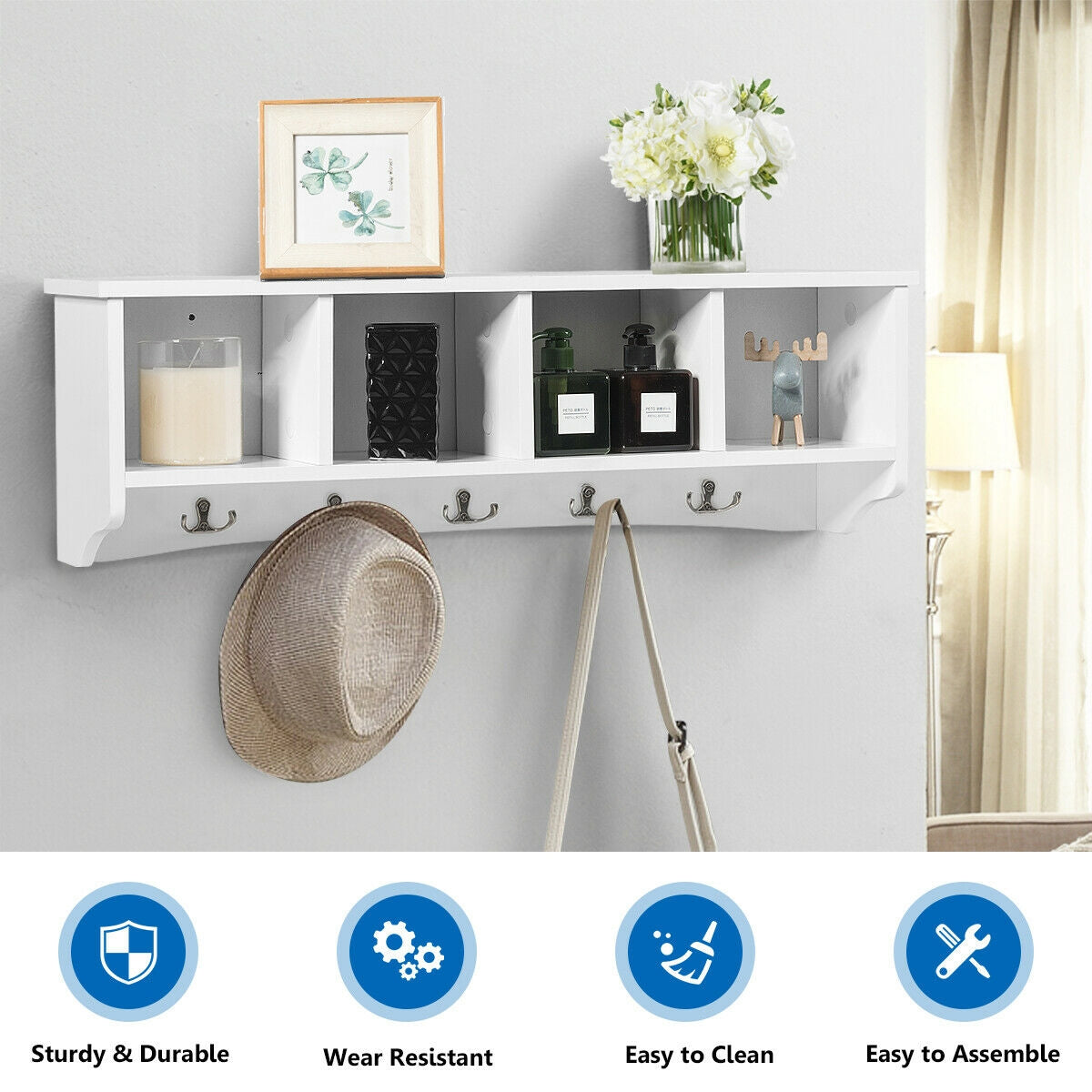 Wall Mounted Entryway Shelf with Hooks and Storage Compartments – White