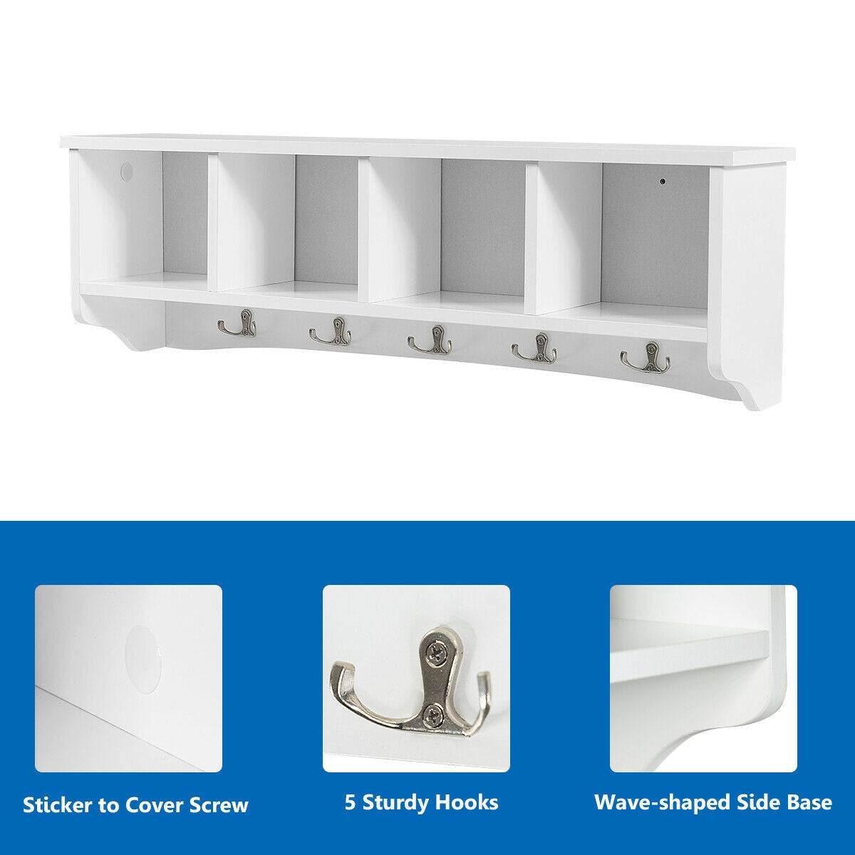 Wall Mounted Entryway Shelf with Hooks and Storage Compartments – White