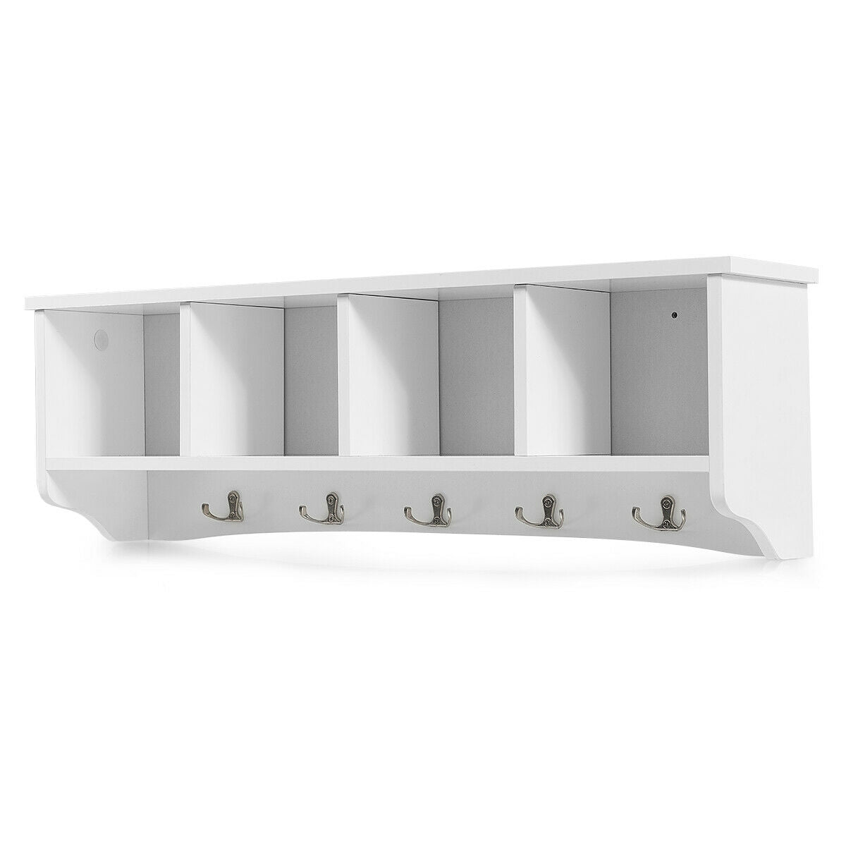 Wall Mounted Entryway Shelf with Hooks and Storage Compartments – White