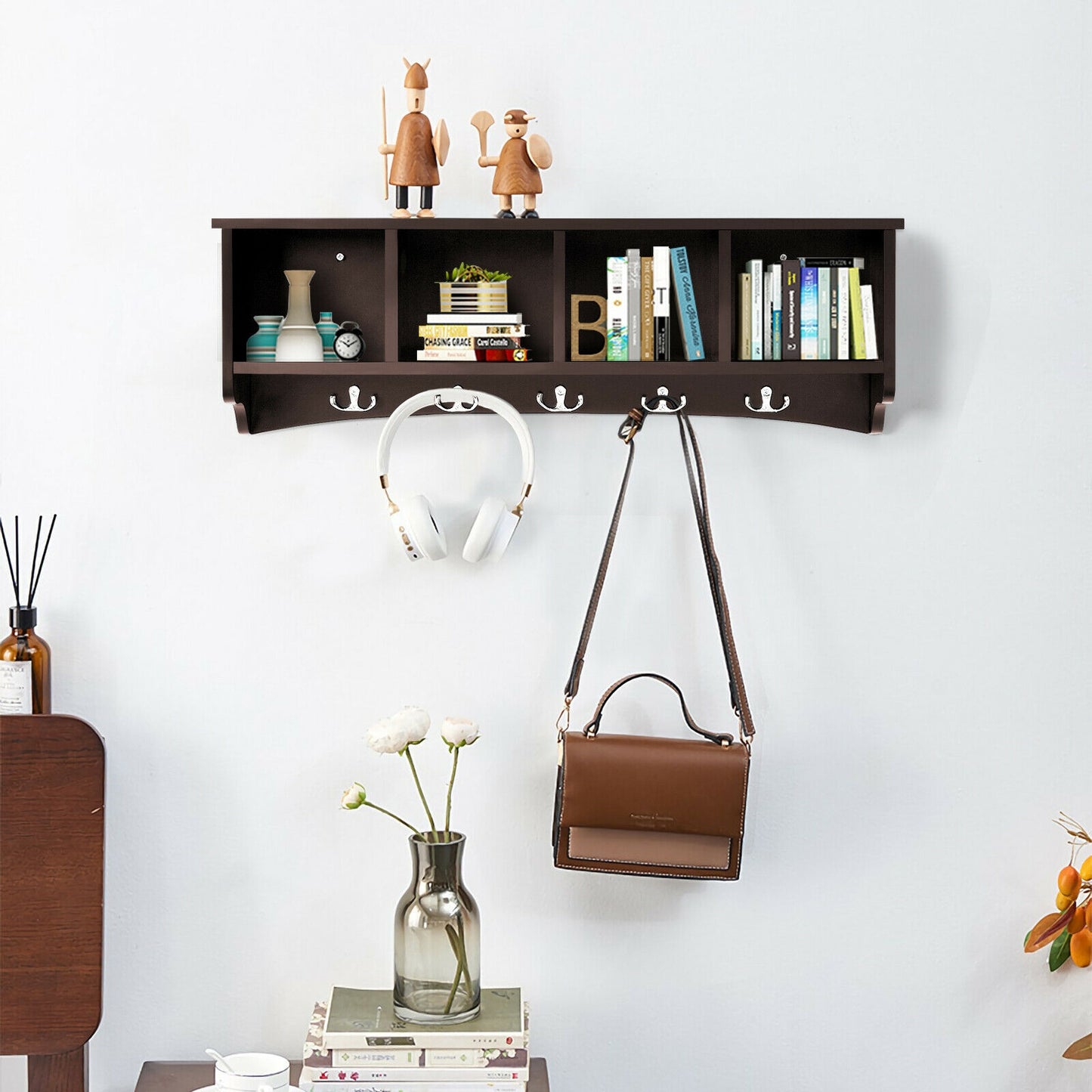 Wall Mounted Entryway Shelf with Hooks and Storage Compartments – Brown