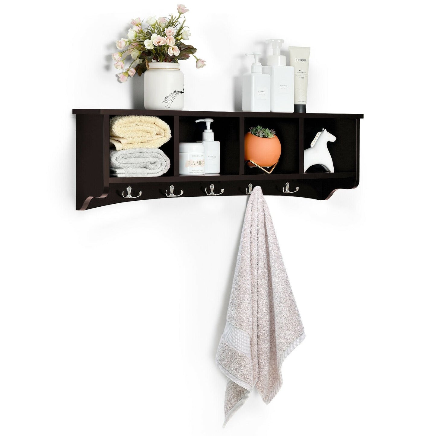 Wall Mounted Entryway Shelf with Hooks and Storage Compartments – Brown
