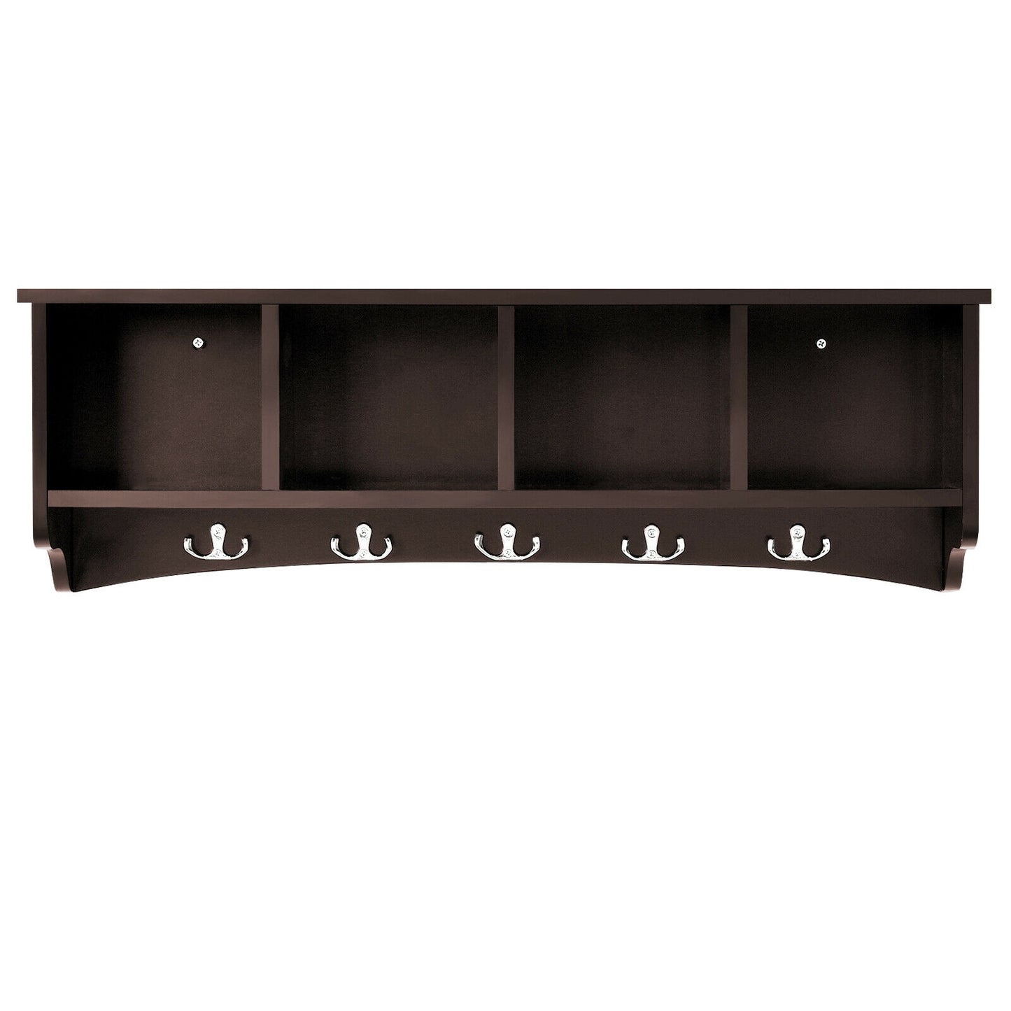 Wall Mounted Entryway Shelf with Hooks and Storage Compartments – Brown