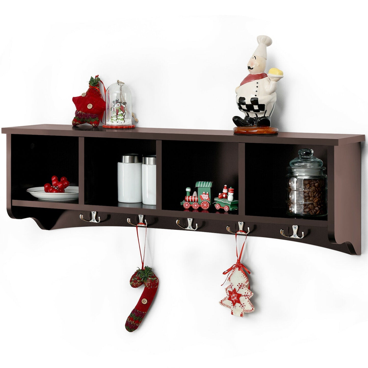Wall Mounted Entryway Shelf with Hooks and Storage Compartments – Brown