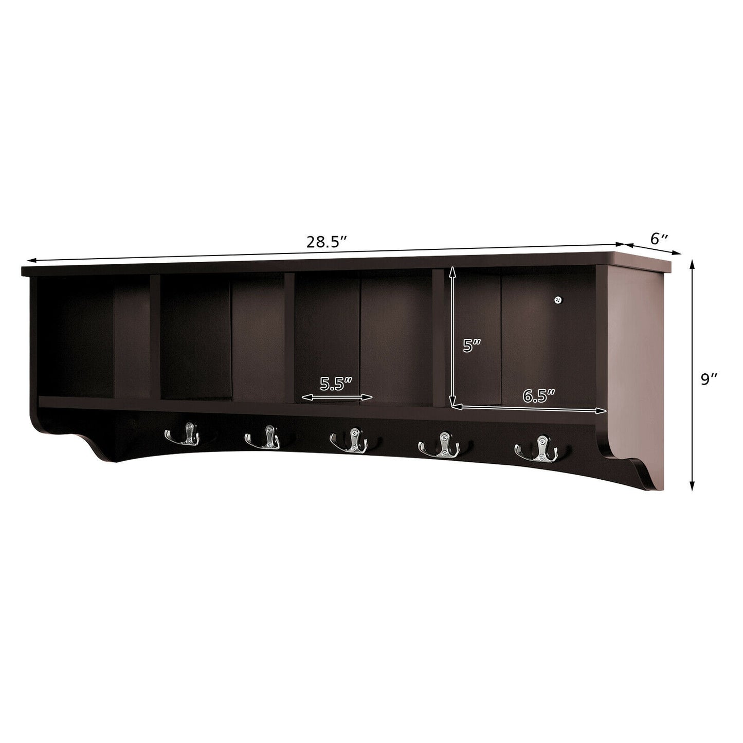 Wall Mounted Entryway Shelf with Hooks and Storage Compartments – Brown