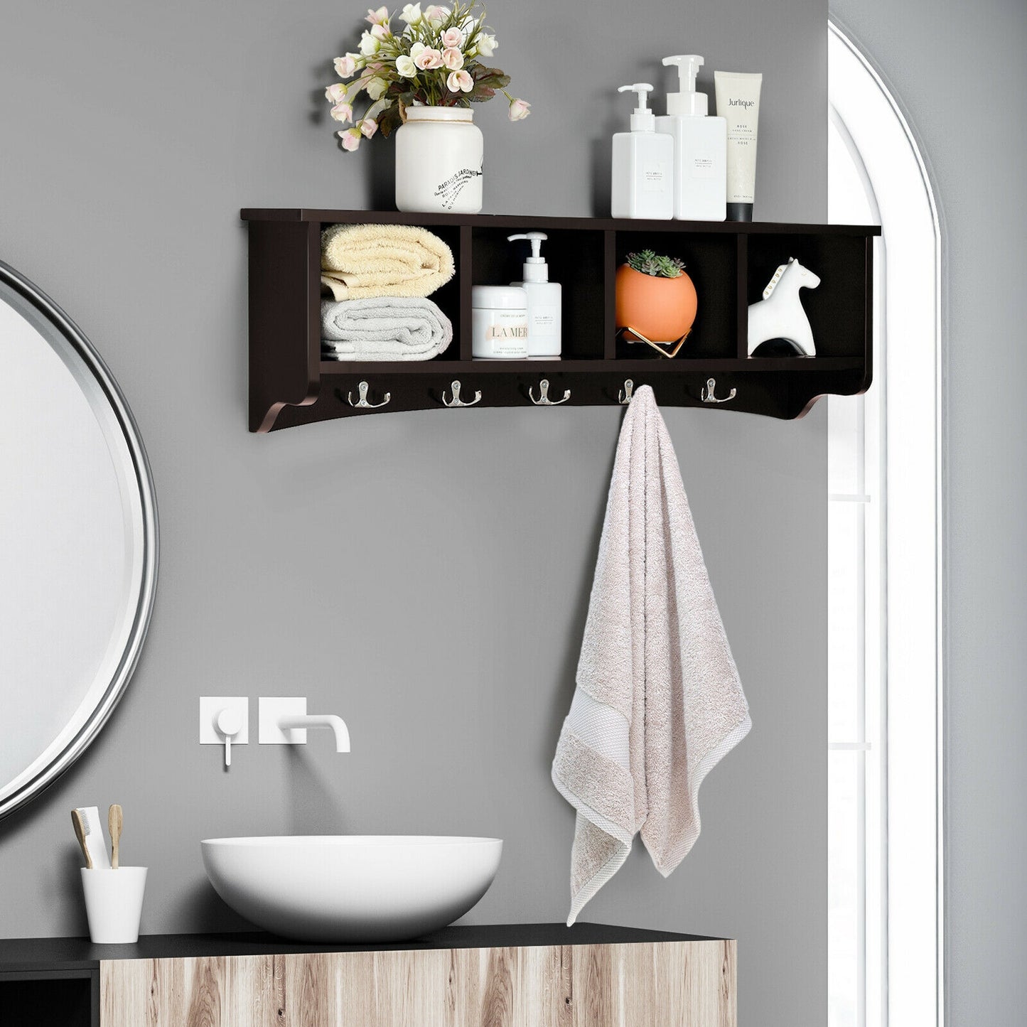 Wall Mounted Entryway Shelf with Hooks and Storage Compartments – Brown