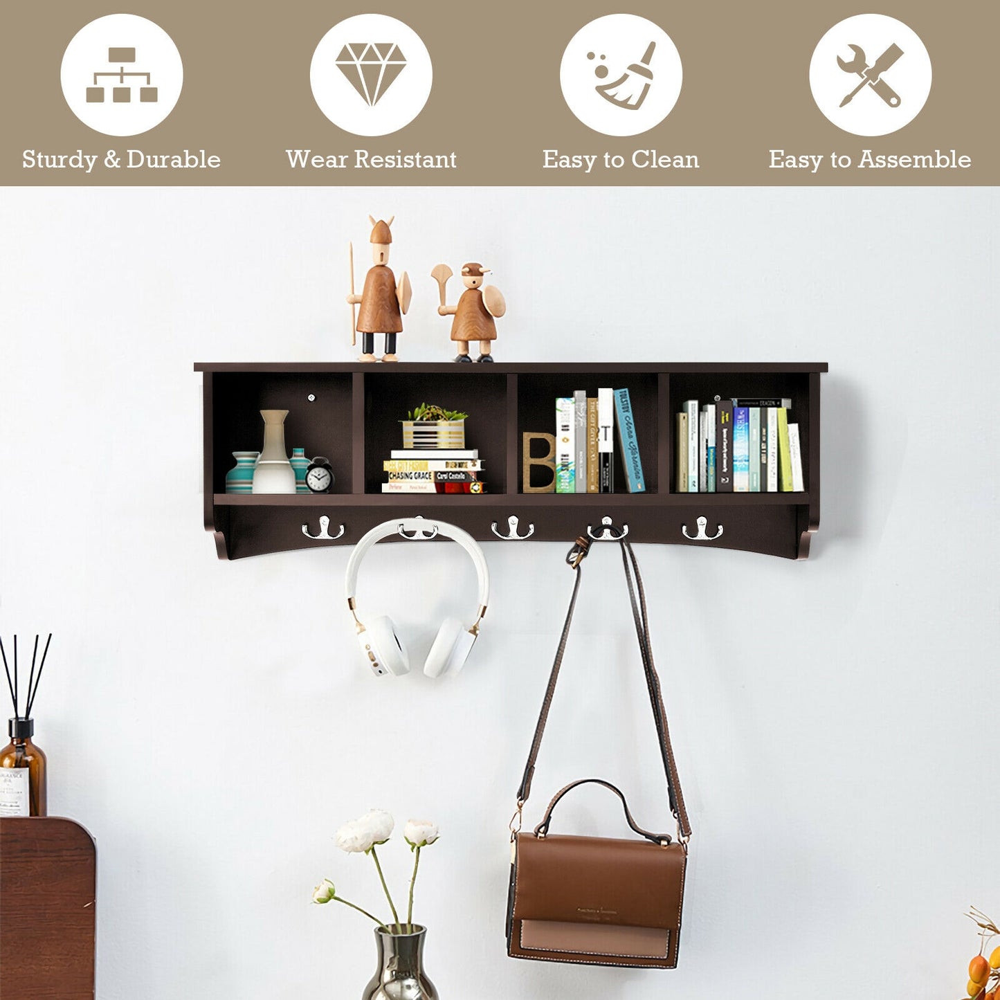 Wall Mounted Entryway Shelf with Hooks and Storage Compartments – Brown