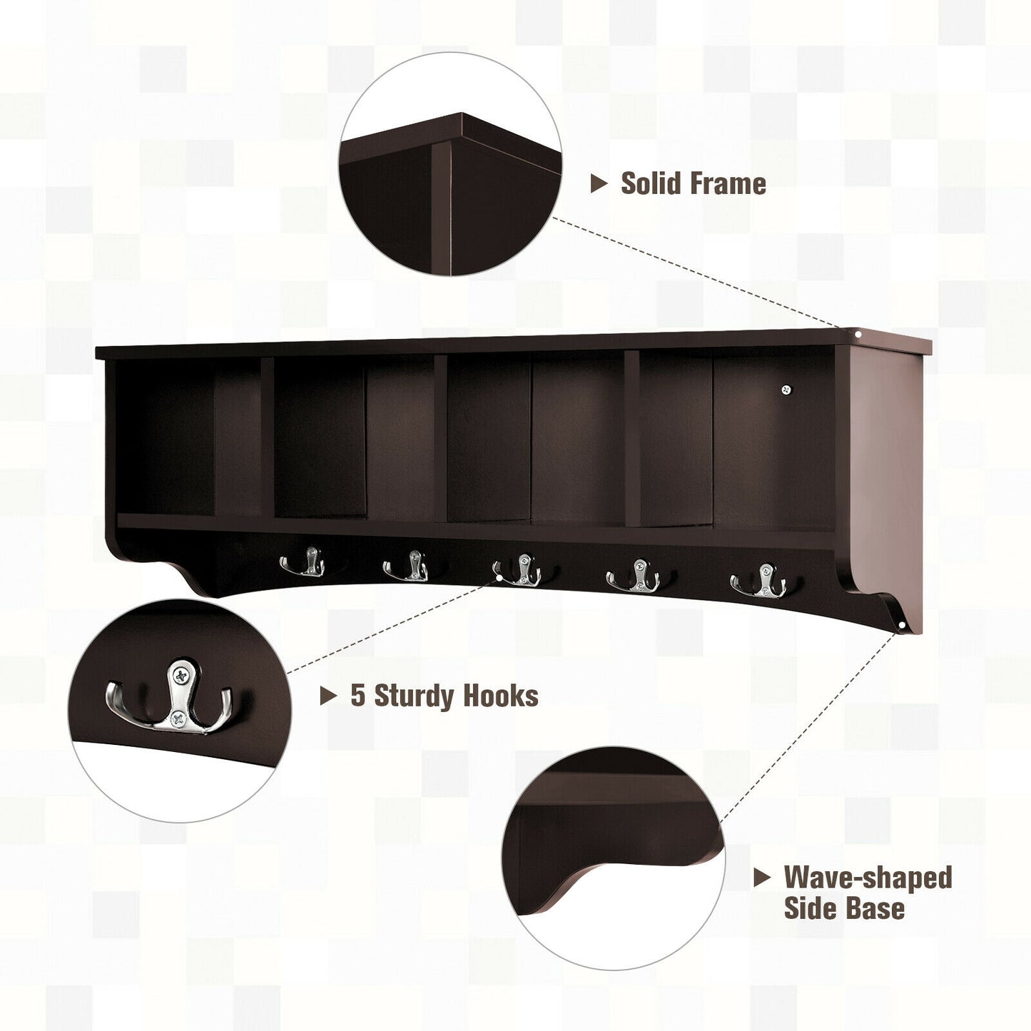 Wall Mounted Entryway Shelf with Hooks and Storage Compartments – Brown