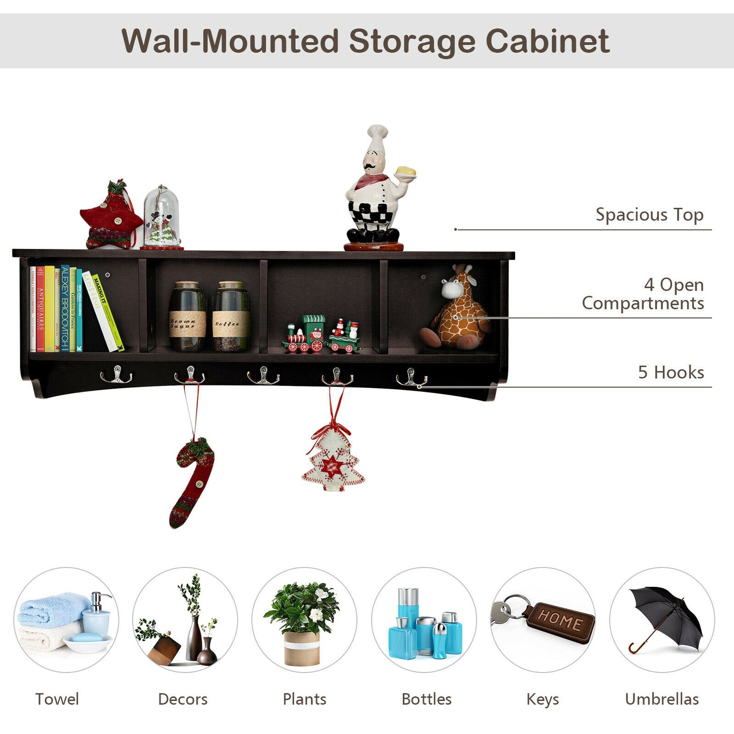 Wall Mounted Entryway Shelf with Hooks and Storage Compartments – Brown