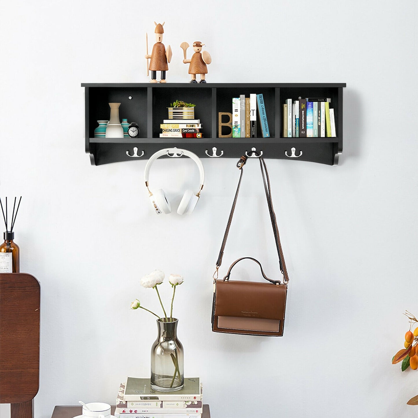 Wall Mounted Entryway Shelf with Hooks and Storage Compartments – Black