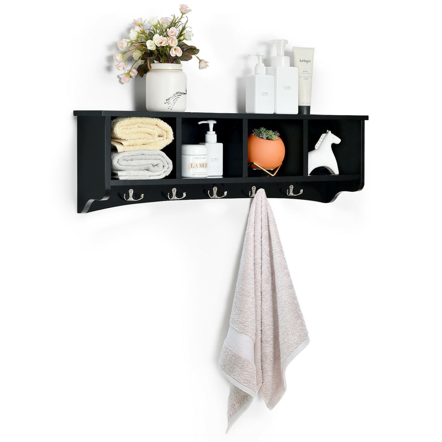 Wall Mounted Entryway Shelf with Hooks and Storage Compartments – Black