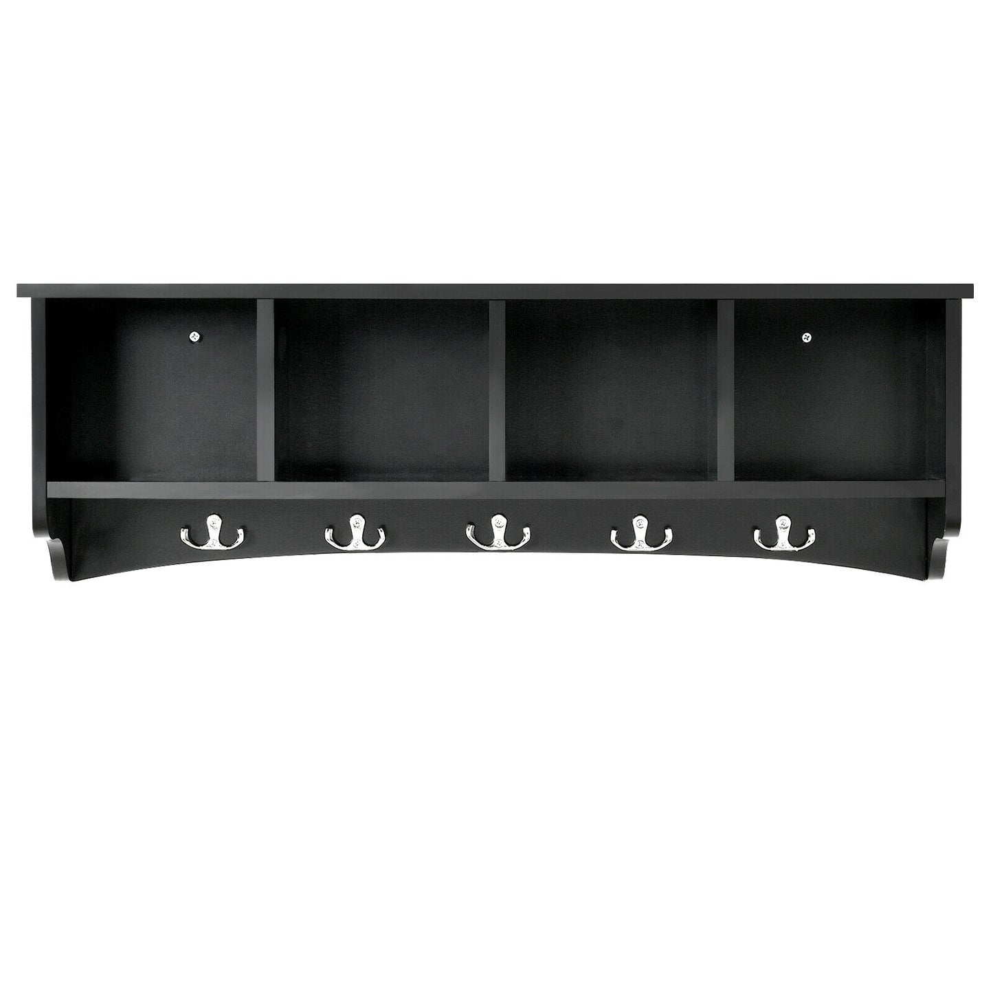 Wall Mounted Entryway Shelf with Hooks and Storage Compartments – Black