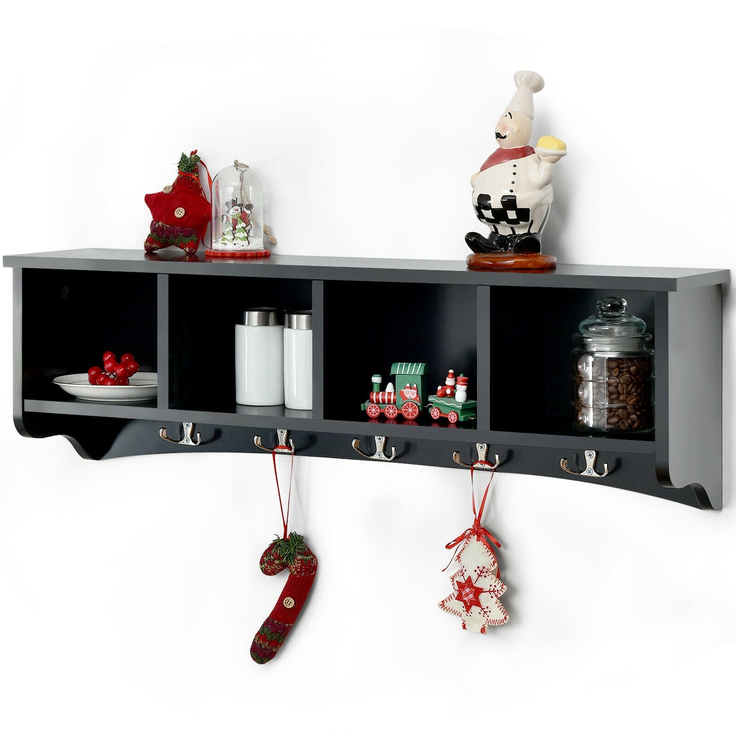 Wall Mounted Entryway Shelf with Hooks and Storage Compartments – Black