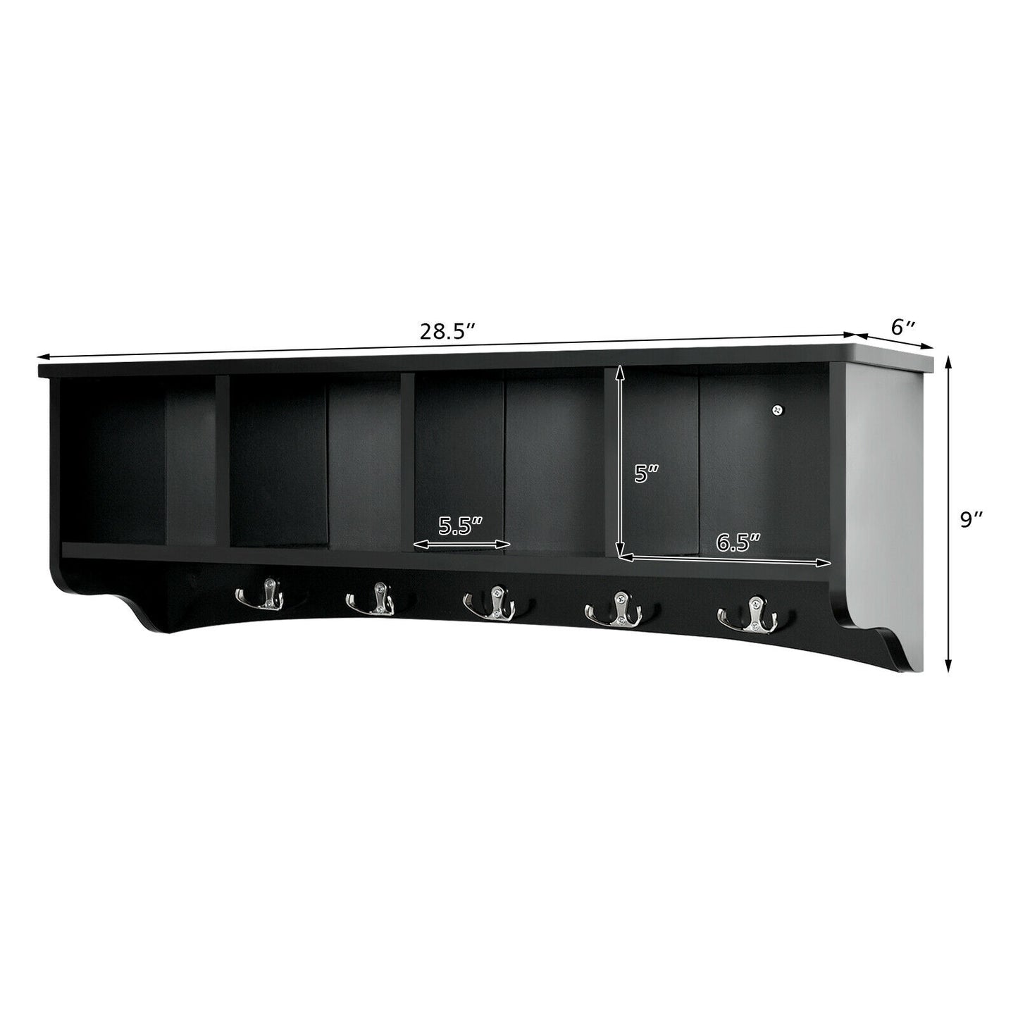 Wall Mounted Entryway Shelf with Hooks and Storage Compartments – Black