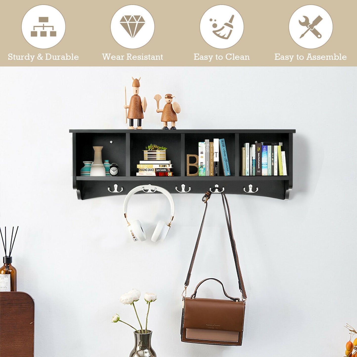 Wall Mounted Entryway Shelf with Hooks and Storage Compartments – Black