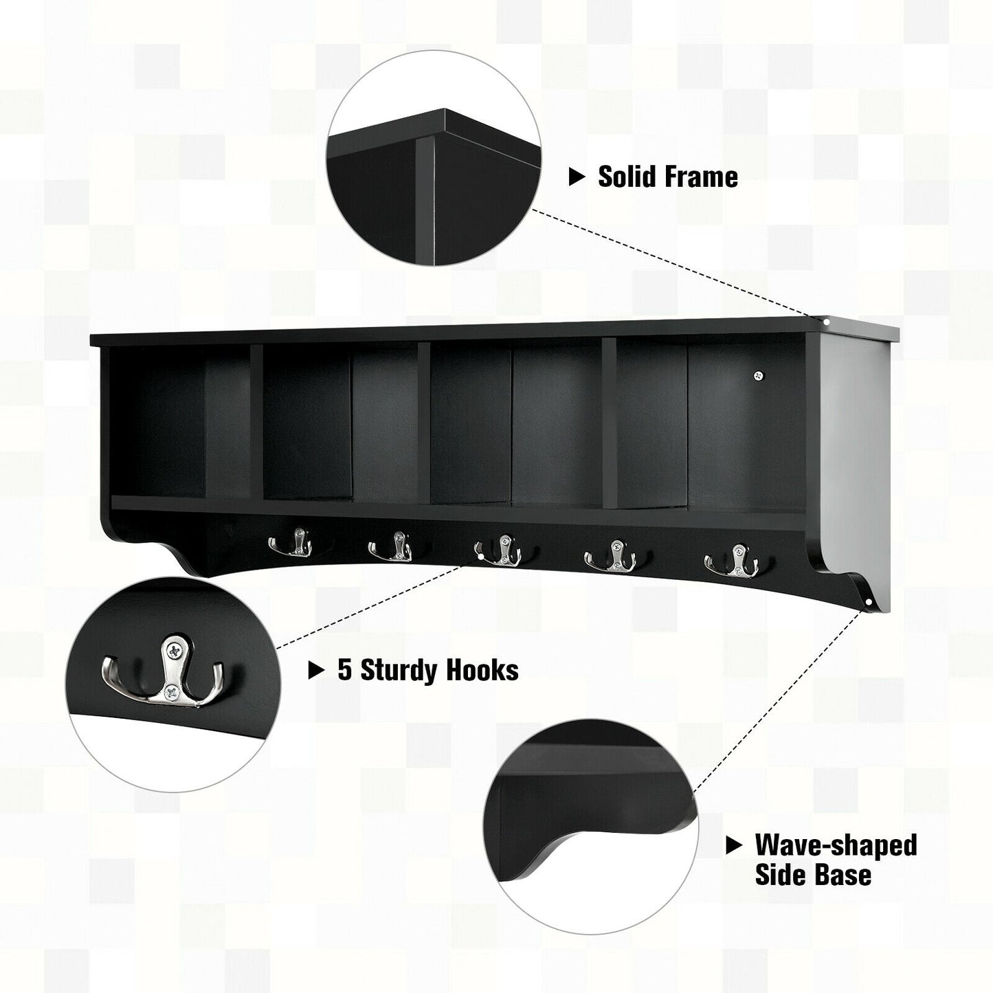 Wall Mounted Entryway Shelf with Hooks and Storage Compartments – Black